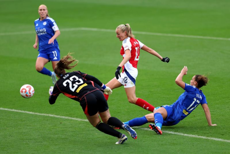 LEICESTER, ENGLAND - SEPTEMBER 29: Frida Maanum of Arsenal scores her team's first goal past Lize Kop of Leicester City during the Barclays Women's Super League match between Leicester City and Arsenal at The King Power Stadium on September 29, 2024 in Leicester, England. (Photo by Cameron Smith/Getty Images)LEICESTER, ENGLAND - SEPTEMBER 29: Frida Maanum of Arsenal scores her team's first goal past Lize Kop of Leicester City during the Barclays Women's Super League match between Leicester City and Arsenal at The King Power Stadium on September 29, 2024 in Leicester, England. (Photo by Cameron Smith/Getty Images)