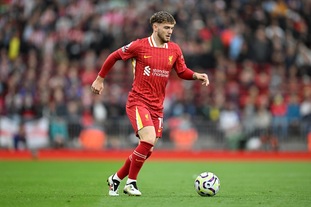 LIVERPOOL, ENGLAND: Harvey Elliott of Liverpool in action during the Premier League match between Liverpool FC and Brentford FC at Anfield on August 25, 2024. (Photo by Michael Regan/Getty Images)