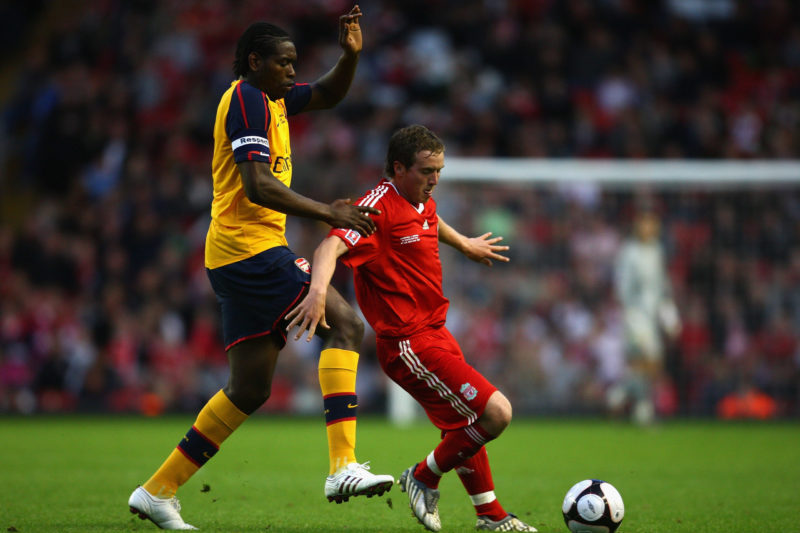 LIVERPOOL, ENGLAND - MAY 26: Steven Irwin of Liverpool battles with Jay Emmanuel Thomas of Arsenal during the second leg of the FA Youth Cup final sponsored by E.ON, between Liverpool and Arsenal at Anfield on May 26, 2009 in Liverpool, England. (Photo by Jamie McDonald/Getty Images)