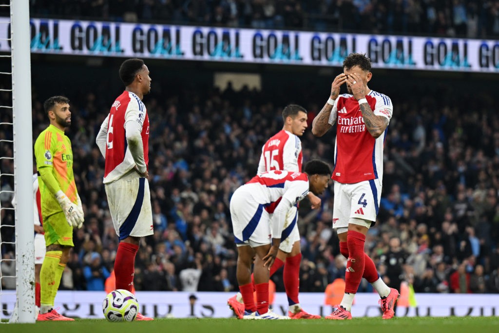 MANCHESTER, ENGLAND - SEPTEMBER 22: Ben White of Arsenal looks dejected after John Stones of Manchester City (not pictured) scores his team's second goal during the Premier League match between Manchester City FC and Arsenal FC at Etihad Stadium on September 22, 2024 in Manchester, England. (Photo by Michael Regan/Getty Images)