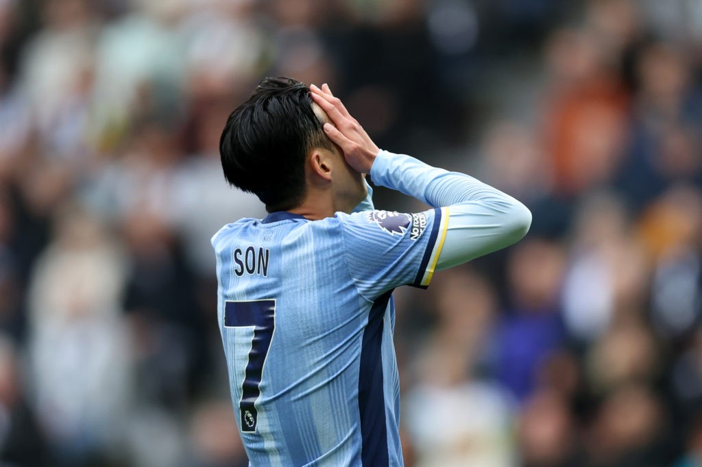 NEWCASTLE UPON TYNE, ENGLAND - SEPTEMBER 01: Son Heung-Min of Tottenham Hotspur reacts during the Premier League match between Newcastle United FC and Tottenham Hotspur FC at St James' Park on September 01, 2024 in Newcastle upon Tyne, England. (Photo by George Wood/Getty Images)