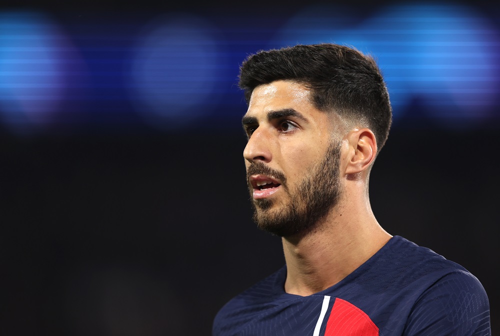 PARIS, FRANCE: Marco Asensio of PSG during the UEFA Champions League 2023/24 round of 16 first leg match between Paris Saint-Germain and Real Sociedad at Parc des Princes on February 14, 2024. (Photo by Alex Pantling/Getty Images)