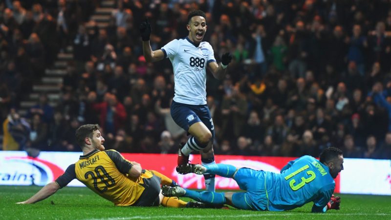 PRESTON, ENGLAND - JANUARY 07: Callum Robinson (C) of Preston North End celebrates scoring the opening goal during the Emirates FA Cup Third Round match between Preston North End and Arsenal at Deepdale on January 7, 2017 in Preston, England. (Photo by Michael Regan/Getty Images)