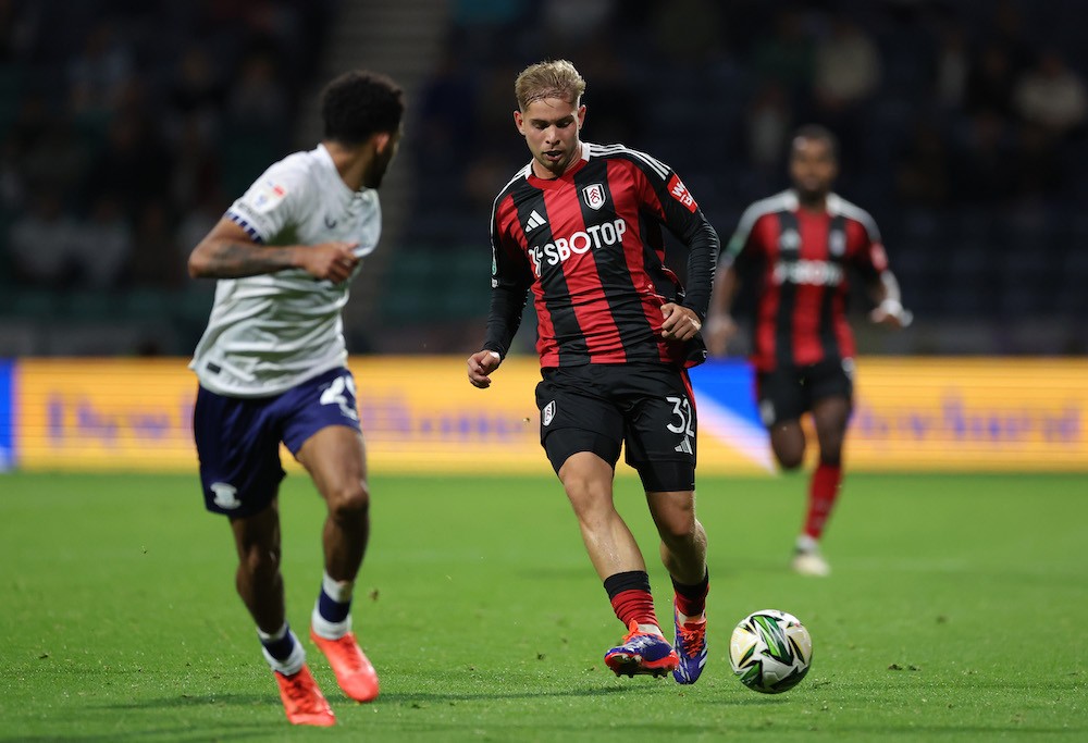 PRESTON, ENGLAND: Emile Smith Rowe of Fulham during the Carabao Cup Third Round match between Preston North End and Fulham at Deepdale on September 17, 2024. (Photo by Alex Livesey/Getty Images)