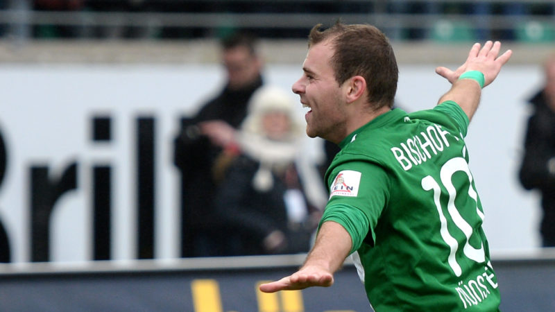 MUENSTER, GERMANY - FEBRUARY 07: Amaury Bischoff of Muenster celebrates after scoring his team's second goal from a penalty during the 3. Liga match between Preussen Muenster and VfL Osnabrueck at Preussenstadion on February 7, 2015 in Muenster, Germany. (Photo by Sascha Steinbach/Bongarts/Getty Images)