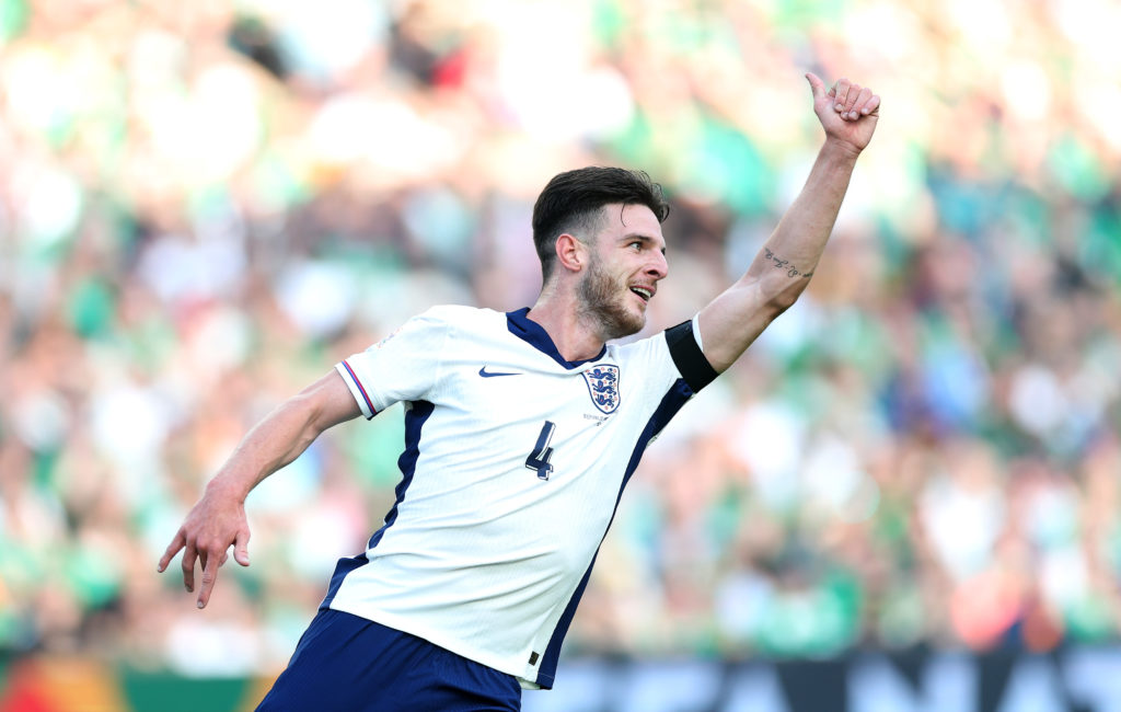 DUBLIN, IRELAND - SEPTEMBER 07: Declan Rice of England celebrates scoring his team's first goal during the UEFA Nations League 2024/25 League B Group B2 match between Republic of Ireland and England at Aviva Stadium on September 07, 2024 in Dublin, Ireland. (Photo by Carl Recine/Getty Images)