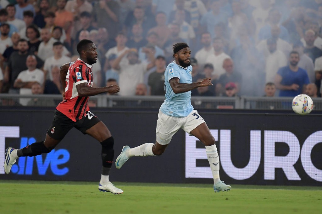 ROME, ITALY - AUGUST 31: Nuno Tavares (R) of SS Lazio in action during the Serie A match between SS Lazio and AC Milan at Stadio Olimpico on August 31, 2024 in Rome, Italy. (Photo by Marco Rosi - SS Lazio/Getty Images)