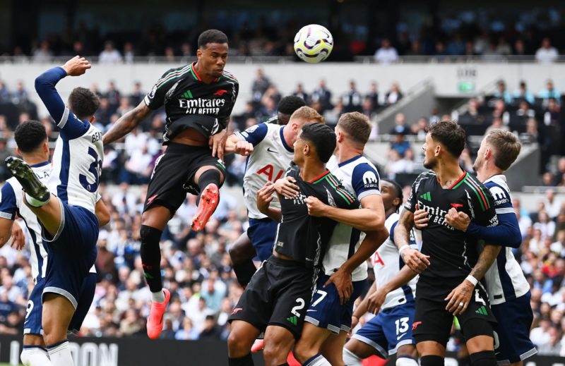 LONDON, ENGLAND - SEPTEMBER 15: Gabriel of Arsenal scores his team's first goal past Guglielmo Vicario of Tottenham Hotspur (obscured) during the Premier League match between Tottenham Hotspur FC and Arsenal FC at Tottenham Hotspur Stadium on September 15, 2024 in London, England. (Photo by Justin Setterfield/Getty Images)