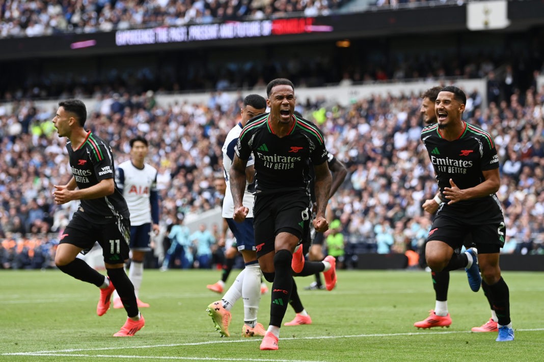 LONDON, ENGLAND - SEPTEMBER 15: Gabriel of Arsenal celebrates scoring his team's first goal during the Premier League match between Tottenham Hotspur FC and Arsenal FC at Tottenham Hotspur Stadium on September 15, 2024 in London, England. (Photo by Justin Setterfield/Getty Images)