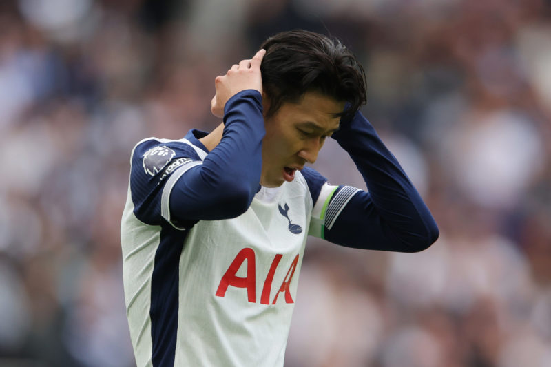 LONDON, ENGLAND - SEPTEMBER 15: Son Heung-Min of Tottenham Hotspur shows dejection after defeat in the Premier League match between Tottenham Hotspur FC and Arsenal FC at Tottenham Hotspur Stadium on September 15, 2024 in London, England. (Photo by Alex Pantling/Getty Images)