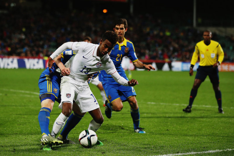 AUCKLAND, NEW ZEALAND - JUNE 05: Gedion Zelalem of USA makes a break during the FIFA U-20 World Cup New Zealand 2015 Pool A match between Ukraine and the United States of America at North Harbour Stadium on June 5, 2015 in Auckland, New Zealand. (Photo by Hannah Peters/Getty Images)