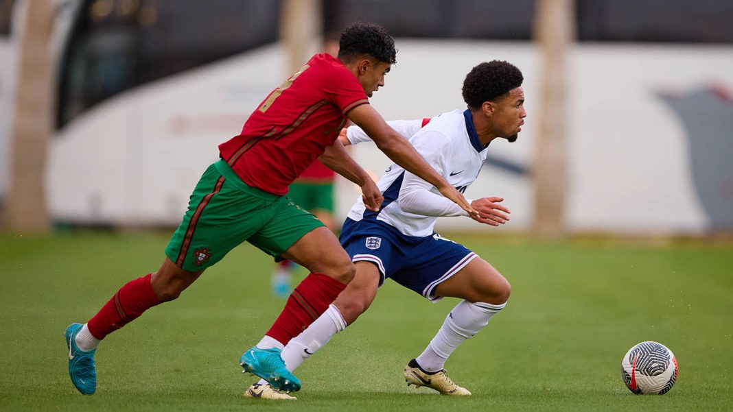 SAN PEDRO DE ALCANTARA, SPAIN: Ethan Nwaneri of England U19 in action during the International match between Portugal U19 and England U19 at Marbella Football Center on October 09, 2024. (Photo by Fran Santiago - The FA/The FA via Getty Images)