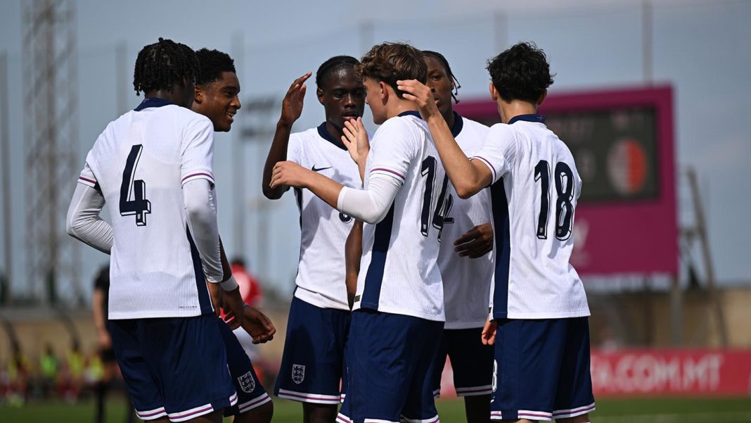 MALTA, MALTA: Max Dowman of England celebrates after scoring his team's third goal during the UEFA U17 EURO Championship 2025 Qualifying Round match between England and Malta at Centenary Stadium Ta' Qali on October 24, 2024. (Photo by Tullio Puglia - The FA/The FA via Getty Images)