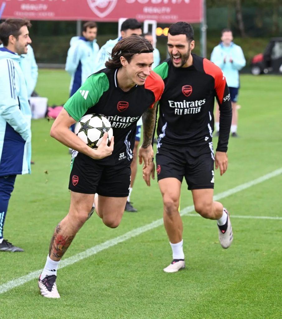 Riccardo Calafiori and Mikel Merino in training with Arsenal (Photo via Arsenal.com)