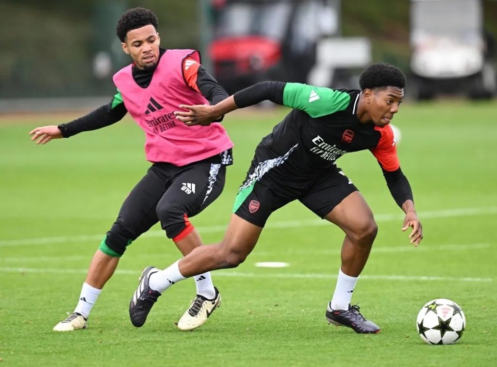 Myles Lewis-Skelly and Ethan Nwaneri in first-team training with Arsenal (Photo via Arsenal.com)