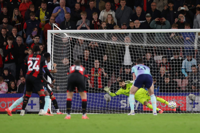 BOURNEMOUTH, ENGLAND - OCTOBER 19: David Raya of Arsenal fails to save as Justin Kluivert of AFC Bournemouth (obscured) scores his team's second goal from the penalty spot during the Premier League match between AFC Bournemouth and Arsenal FC at Vitality Stadium on October 19, 2024 in Bournemouth, England. (Photo by Michael Steele/Getty Images)