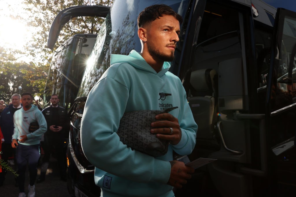 BOURNEMOUTH, ENGLAND - OCTOBER 19: Ben White of Arsenal arrives at the stadium prior to the Premier League match between AFC Bournemouth and Arsenal FC at Vitality Stadium on October 19, 2024 in Bournemouth, England. (Photo by Michael Steele/Getty Images)