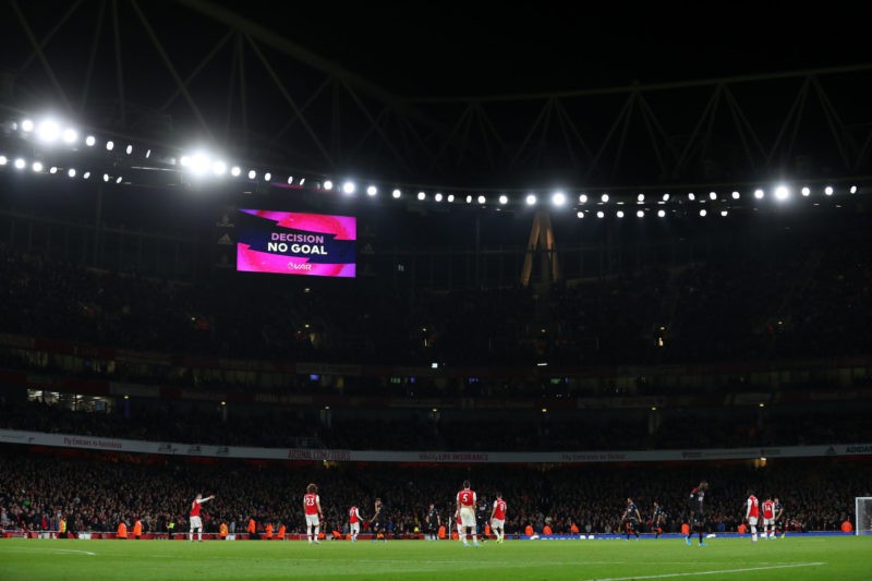 LONDON, ENGLAND - OCTOBER 27: The LED screen shows the 'no goal' decision following a VAR check of Arsenal's third goal scored by Sokratis Papastathopoulos of Arsenal during the Premier League match between Arsenal FC and Crystal Palace at Emirates Stadium on October 27, 2019 in London, United Kingdom. (Photo by Catherine Ivill/Getty Images)