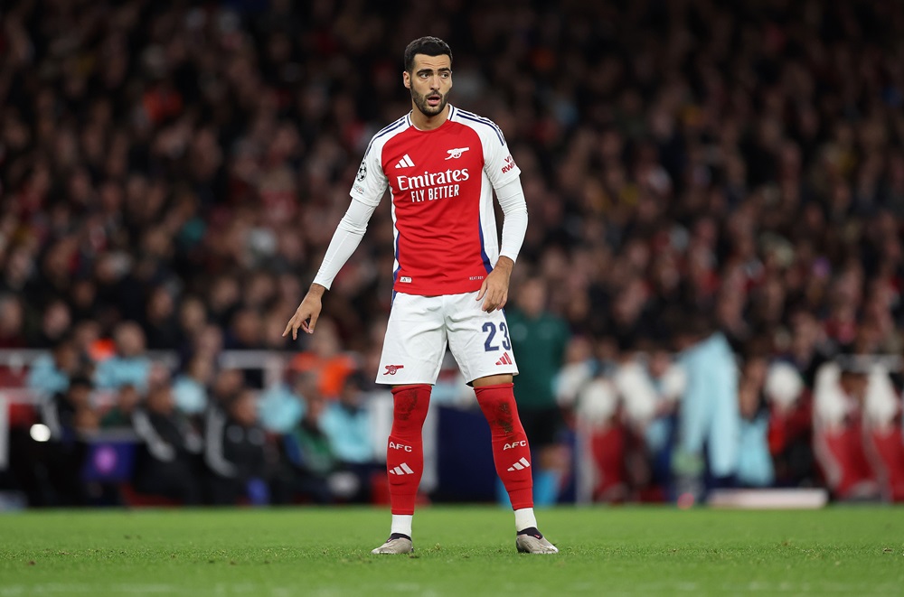 LONDON, ENGLAND: Mikel Merino of Arsenal looks on during the UEFA Champions League 2024/25 League Phase MD2 match between Arsenal FC and Paris Saint-Germain on October 01, 2024. (Photo by Julian Finney/Getty Images)