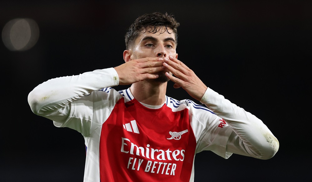 LONDON, ENGLAND: Kai Havertz of Arsenal celebrates scoring during the UEFA Champions League 2024/25 League Phase MD2 match between Arsenal FC and Paris Saint-Germain at Emirates Stadium on October 01, 2024. (Photo by Julian Finney/Getty Images)