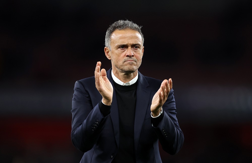 LONDON, ENGLAND: Luis Enrique, Head Coach of Paris Saint-Germain during the UEFA Champions League 2024/25 League Phase MD2 match between Arsenal FC and Paris Saint-Germain on October 01, 2024. (Photo by Julian Finney/Getty Images)