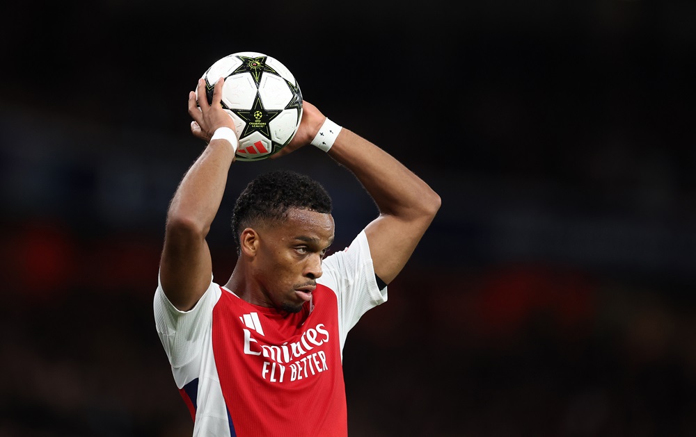 LONDON, ENGLAND: Jurrien Timber of Arsenal during the UEFA Champions League 2024/25 League Phase MD2 match between Arsenal FC and Paris Saint-Germain on October 01, 2024. (Photo by Julian Finney/Getty Images)