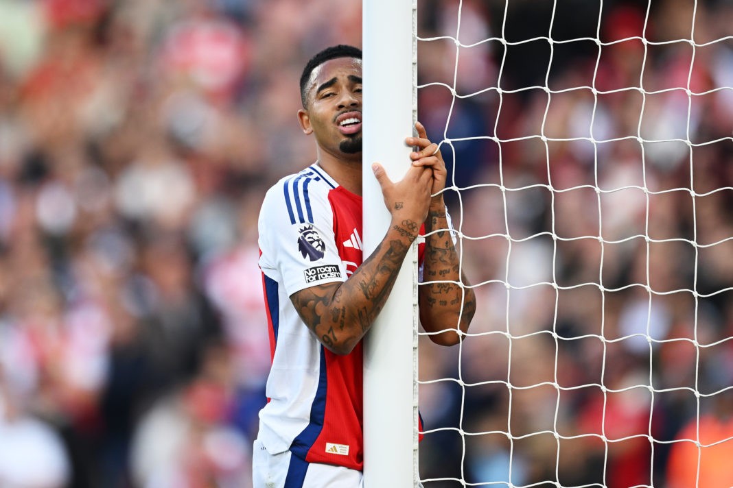 LONDON, ENGLAND - OCTOBER 05: Gabriel Jesus of Arsenal reacts during the Premier League match between Arsenal FC and Southampton FC at Emirates Stadium on October 05, 2024 in London, England. (Photo by Clive Mason/Getty Images)