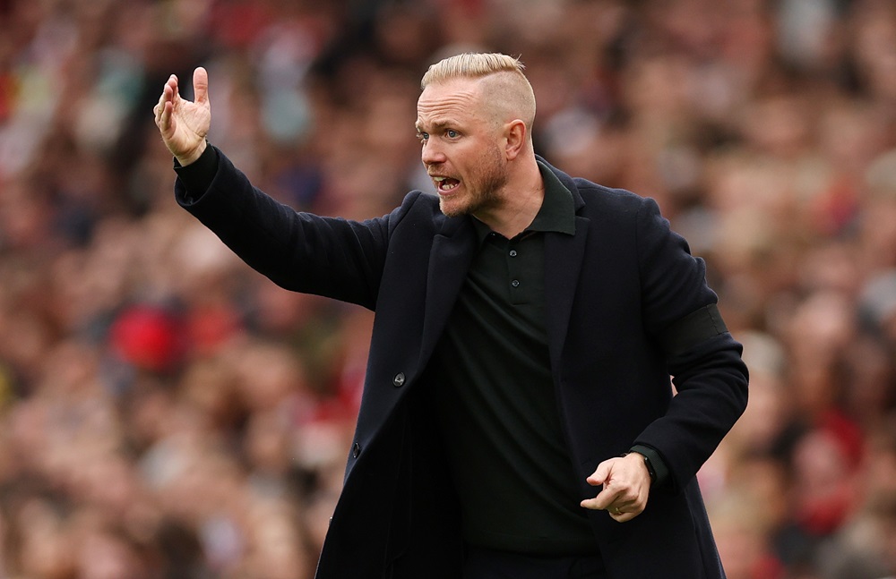 LONDON, ENGLAND: Jonas Eidevall, Manager of Arsenal, reacts during the Barclays Women's Super League match between Arsenal and Chelsea at Emirates Stadium on October 12, 2024. (Photo by Richard Heathcote/Getty Images)