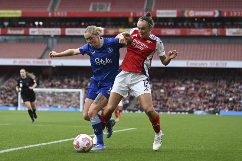 LONDON, ENGLAND - OCTOBER 06: Caitlin Foord of Arsenal and Lucy Hope of Everton in action during the Barclays Women's Super League match between Arsenal and Everton at Emirates Stadium on October 06, 2024 in London, England. (Photo by Jaimi Joy/Getty Images)