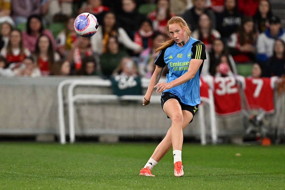 MELBOURNE, AUSTRALIA: Katie Reid of Arsenalin action during a Arsenal Women Press Conference & Training Session at AAMI Park on May 23, 2024. (Photo by Daniel Pockett/Getty Images)