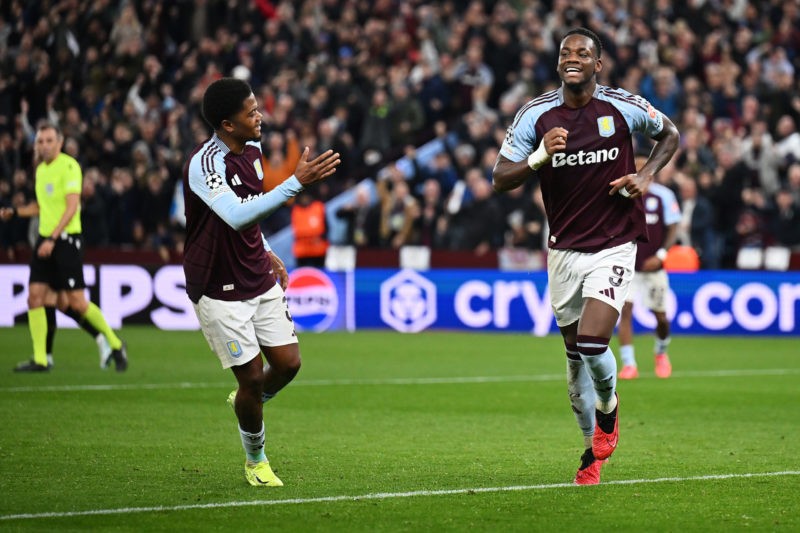 BIRMINGHAM, ENGLAND - OCTOBER 22: Jhon Duran of Aston Villa celebrates scoring his team's second goal during the UEFA Champions League 2024/25 League Phase MD3 match between Aston Villa FC and Bologna FC 1909 at Villa Park on October 22, 2024 in Birmingham, England. (Photo by Dan Mullan/Getty Images)