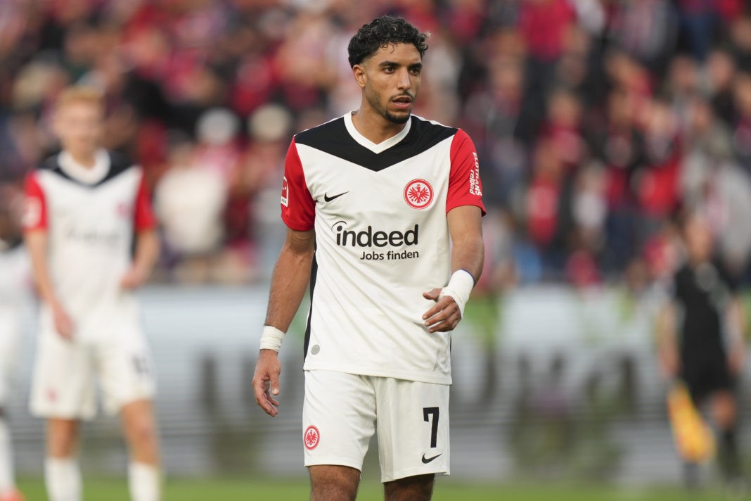 LEVERKUSEN, GERMANY - OCTOBER 19: Omar Marmoush of Eintracht Frankfurt looks on during the Bundesliga match between Bayer 04 Leverkusen and Eintracht Frankfurt at BayArena on October 19, 2024 in Leverkusen, Germany. (Photo by Pau Barrena/Getty Images)