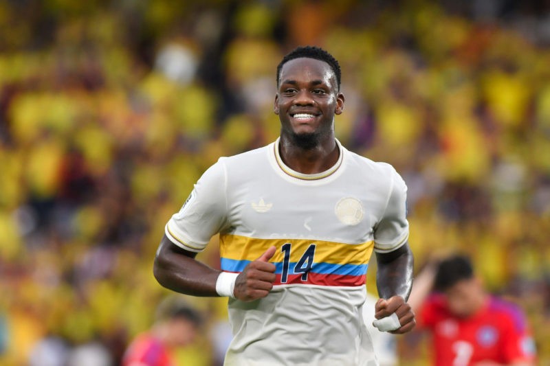 BARRANQUILLA, COLOMBIA - OCTOBER 15: Jhon Duran of Colombia celebrates after scoring the team's third goal during the FIFA World Cup 2026 South American Qualifier match between Colombia and Chile at Roberto Melendez Metropolitan Stadium on October 15, 2024 in Barranquilla, Colombia. (Photo by Gabriel Aponte/Getty Images)