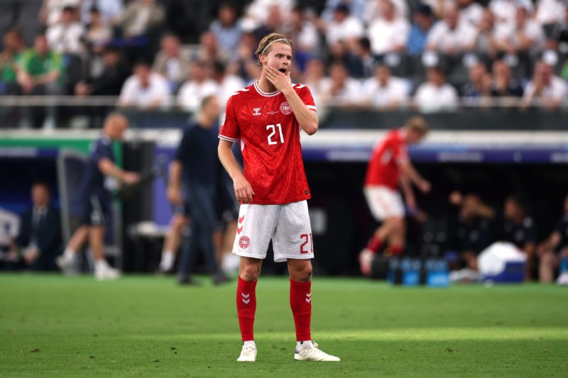 FRANKFURT AM MAIN, GERMANY - JUNE 20: Morten Hjulmand of Denmark reacts during the UEFA EURO 2024 group stage match between Denmark and England at Frankfurt Arena on June 20, 2024 in Frankfurt am Main, Germany. (Photo by Alex Grimm/Getty Images)