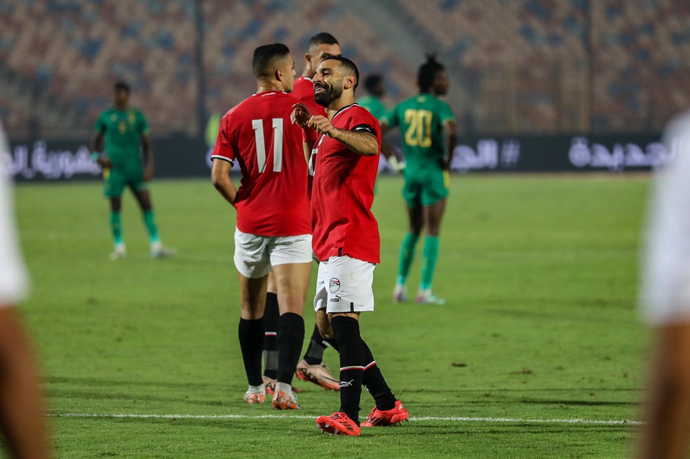 CAIRO, EGYPT: Egyptian national team player Mohamed Salah celebrates after scoring a goal during an Africa Cup of Nations qualifying match between Egypt and Mauritania on October 11, 2024. (Photo by Ahmad Hasaballah/Getty Images)