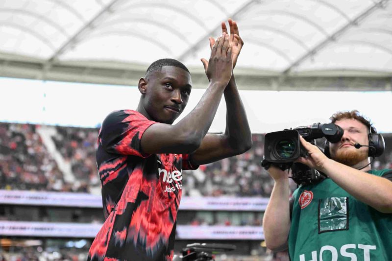 FRANKFURT AM MAIN, GERMANY - AUGUST 05: Randal Kolo Muani of Eintracht Frankfurt reacts during the Eintracht Frankfurt season opening at Deutsche Bank Park on August 05, 2023 in Frankfurt am Main, Germany. (Photo by Christian Kaspar-Bartke/Getty Images)