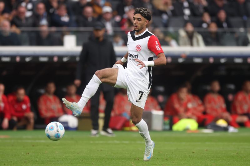 FRANKFURT AM MAIN, GERMANY - OCTOBER 06: Omar Marmoush of Eintracht Frankfurt controls the ball during the Bundesliga match between Eintracht Frankfurt and FC Bayern München at Deutsche Bank Park on October 06, 2024 in Frankfurt am Main, Germany. (Photo by Alex Grimm/Getty Images)