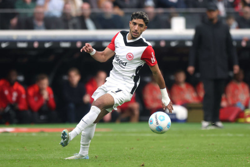 FRANKFURT AM MAIN, GERMANY - OCTOBER 06: Omar Marmoush of Eintracht Frankfurt controls the ball during the Bundesliga match between Eintracht Frankfurt and FC Bayern München at Deutsche Bank Park on October 06, 2024 in Frankfurt am Main, Germany. (Photo by Alex Grimm/Getty Images)