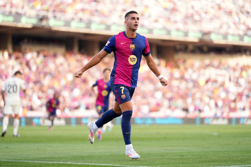 BARCELONA, SPAIN - AUGUST 31: Ferran Torres of FC Barcelona celebrates scoring his team's seventh goal during the La Liga match between FC Barcelona and Real Valladolid CF at Camp Nou on August 31, 2024 in Barcelona, Spain. (Photo by Alex Caparros/Getty Images)