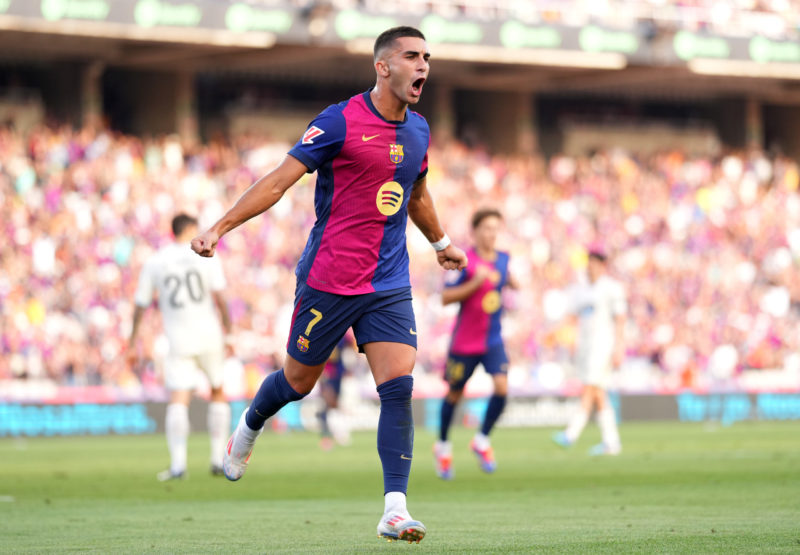 BARCELONA, SPAIN - AUGUST 31: Ferran Torres of FC Barcelona celebrates scoring his team's seventh goal during the La Liga match between FC Barcelona and Real Valladolid CF at Camp Nou on August 31, 2024 in Barcelona, Spain. (Photo by Alex Caparros/Getty Images)