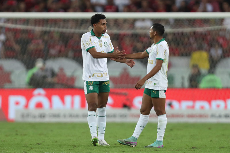 RIO DE JANEIRO, BRAZIL - AUGUST 11: Luighi of Palmeiras celebrates after scoring the team´s first goal with teamamte Rony after a VAR check during the match between Flamengo and Palmeiras as part of Brasileirao 2024 at Maracana Stadium on August 11, 2024 in Rio de Janeiro, Brazil. (Photo by Wagner Meier/Getty Images)