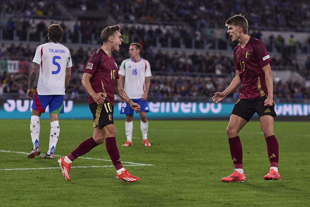 ROME, ITALY: Leandro Trossard of Belgium celebrates after scoring his team's second goal during the UEFA Nations League 2024/25 League A Group A2 match between Italy and Belgium at Stadio Olimpico on October 10, 2024. (Photo by Emmanuele Ciancaglini/Getty Images)