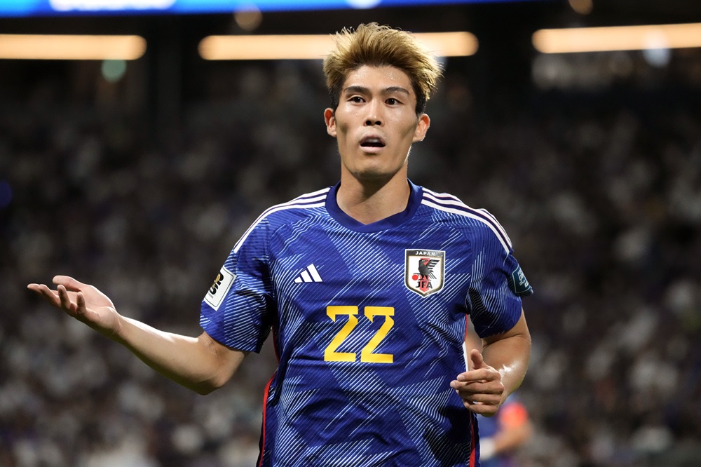 HIROSHIMA, JAPAN: Takehiro Tomiyasu of Japan looks on during the FIFA World Cup Asian second qualifier Group B match between Japan and Syria at Edion Peace Wing Hiroshima on June 11, 2024. (Photo by Koji Watanabe/Getty Images)