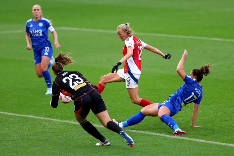 LEICESTER, ENGLAND - SEPTEMBER 29: Frida Maanum of Arsenal scores her team's first goal past Lize Kop of Leicester City during the Barclays Women's Super League match between Leicester City and Arsenal at The King Power Stadium on September 29, 2024 in Leicester, England. (Photo by Cameron Smith/Getty Images)