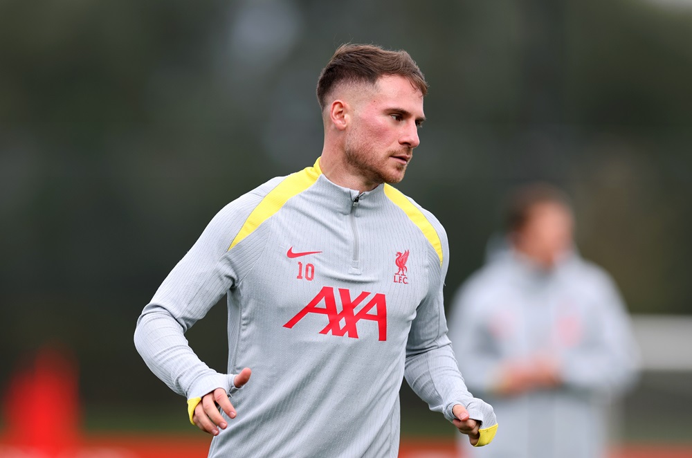 LIVERPOOL, ENGLAND: Alexis Mac Allister of Liverpool during the UEFA Champions League 2024/25 League Phase MD2 training session at AXA Melwood Training Centre on October 01, 2024. (Photo by Jan Kruger/Getty Images)