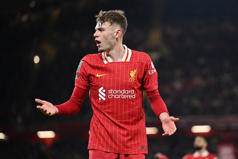 LIVERPOOL, ENGLAND: Conor Bradley of Liverpool looks on during the Carabao Cup Third Round match between Liverpool and West Ham United at Anfield on September 25, 2024. (Photo by Dan Mullan/Getty Images)