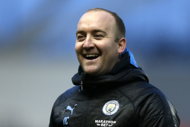 MANCHESTER, ENGLAND - FEBRUARY 02: Nick Cushing, manager of Manchester City Women laughs with fans as he leaves the pitch after the Barclays FA Women's Super League match between Manchester City and Arsenal at The Academy Stadium on February 02, 2020 in Manchester, United Kingdom. (Photo by Charlotte Tattersall/Getty Images)