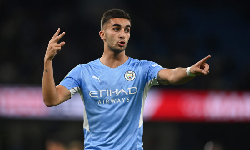 MANCHESTER, ENGLAND - SEPTEMBER 21: Ferran Torres of Manchester City during the Carabao Cup Third Round match between Manchester City and Wycombe Wanderers F.C. at Etihad Stadium on September 21, 2021 in Manchester, England. (Photo by Gareth Copley/Getty Images)