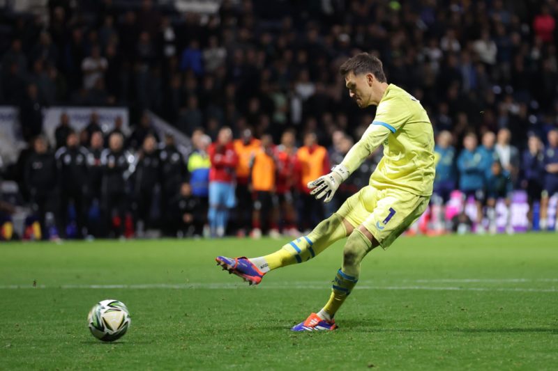 PRESTON, ENGLAND - SEPTEMBER 17: Freddie Woodman of Preston North End scores a penalty during the penalty shoot out in the Carabao Cup Third Round match between Preston North End and Fulham at Deepdale on September 17, 2024 in Preston, England. (Photo by Alex Livesey/Getty Images)