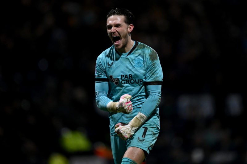 PRESTON, ENGLAND - APRIL 09: Preston goalkeeper Freddie Woodman celebrates his team's third goal during the Sky Bet Championship match between Preston North End and Huddersfield Town at Deepdale on April 09, 2024 in Preston, England. (Photo by Gareth Copley/Getty Images)